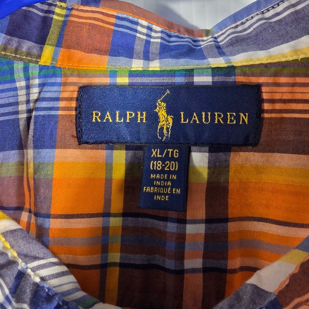 Ralph Lauren Boys XL 18-20 Orange Blue Plaid Long Sleeve Button Down Shirt Pony - Picture 5 of 8